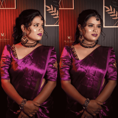 image of Traditional bridal makeup with bold eyeliner, red lips, and elegant jewelry for Tamil wedding