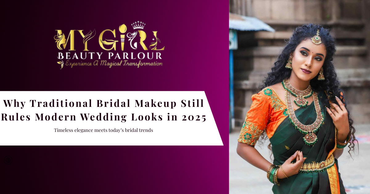 Bride wearing traditional bridal makeup in 2025 with bold eyes, red lips, and elegant jewellery highlighting timeless beauty.